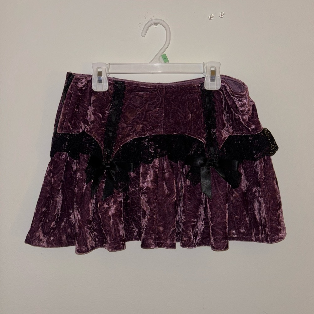 Dollskill Widow: Crushed Velvet Purple Skirt with Black Lace Trim